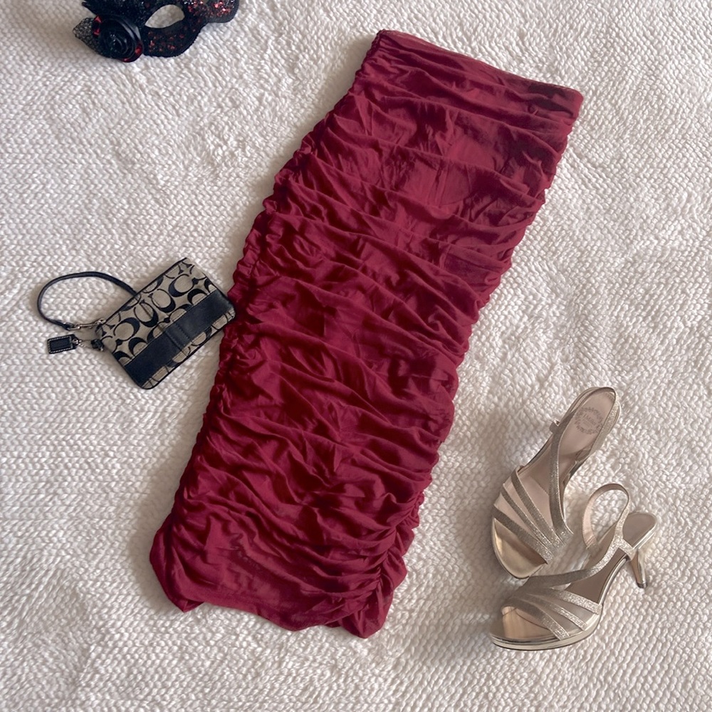 Red strapless ruched party dress